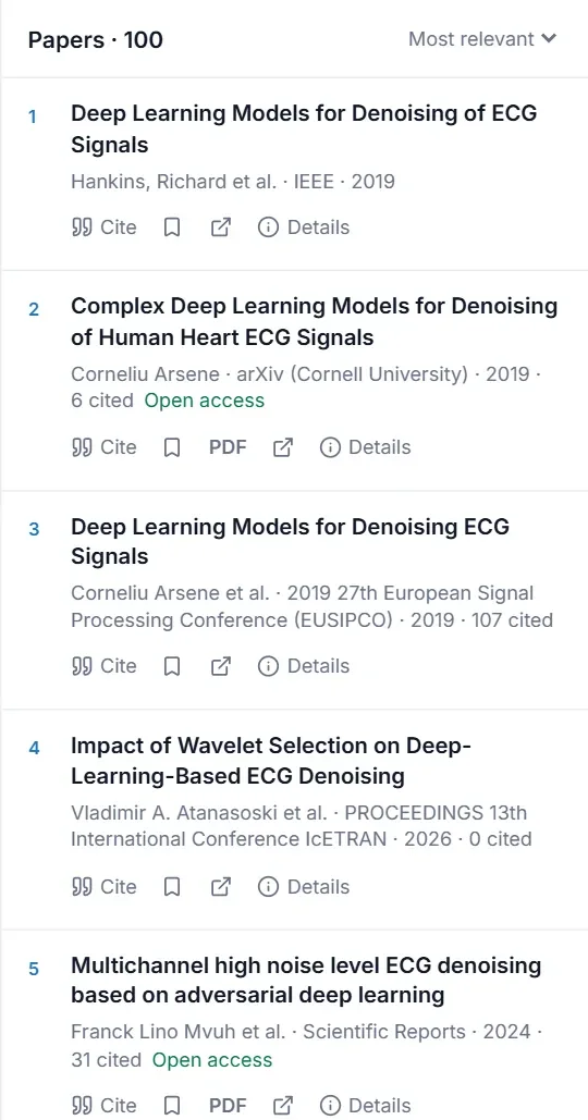 Paper search results in CiteTeX with Cite, PDF and Details for each paper